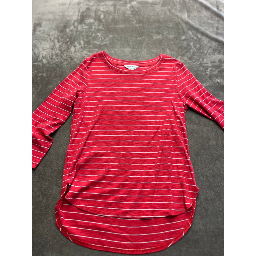Tommy Bahama Womens Red White Striped Slub Knit High Low Long Sleeve Top Small